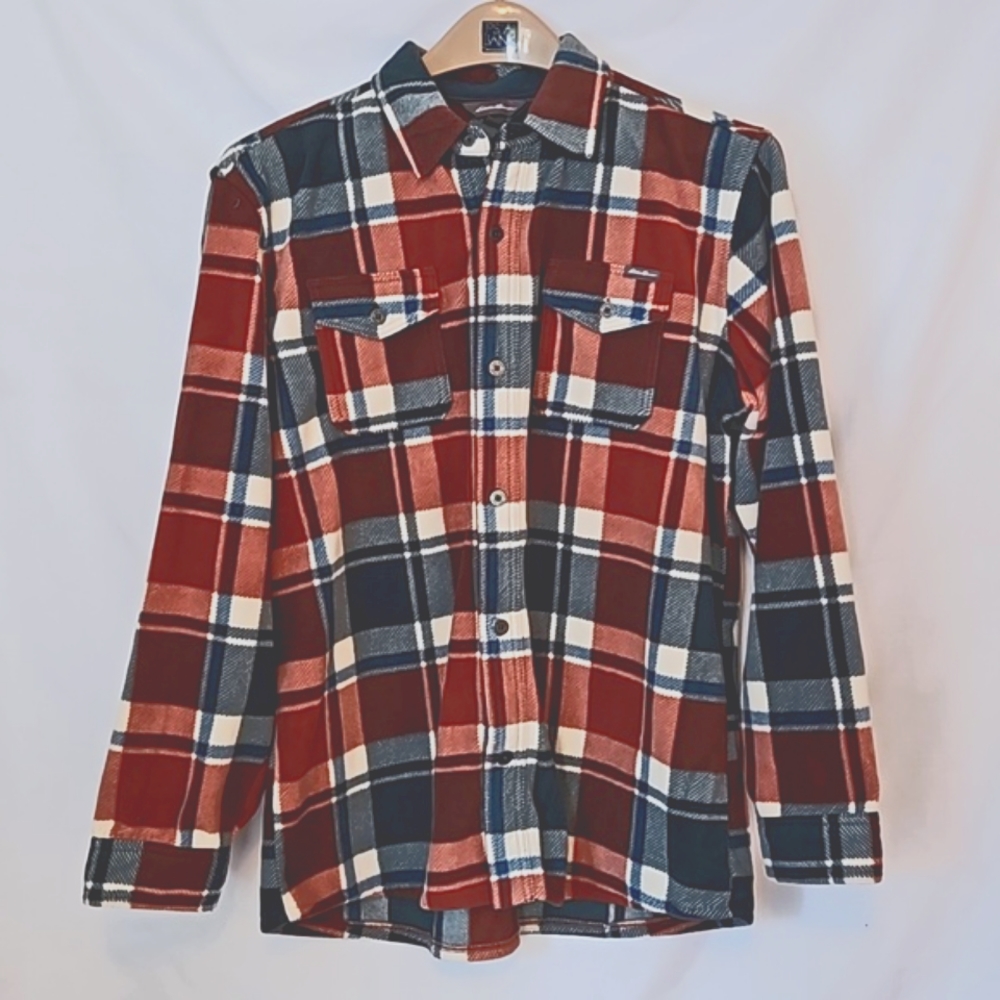 Eddie Bauer Red and Blue Plaid Casual Fleece Button Down Shirt